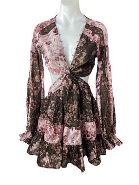 ASOS Voile Pink Brown Floral Striped Twist Front Cutout Fit & Flare Mini Dress 6